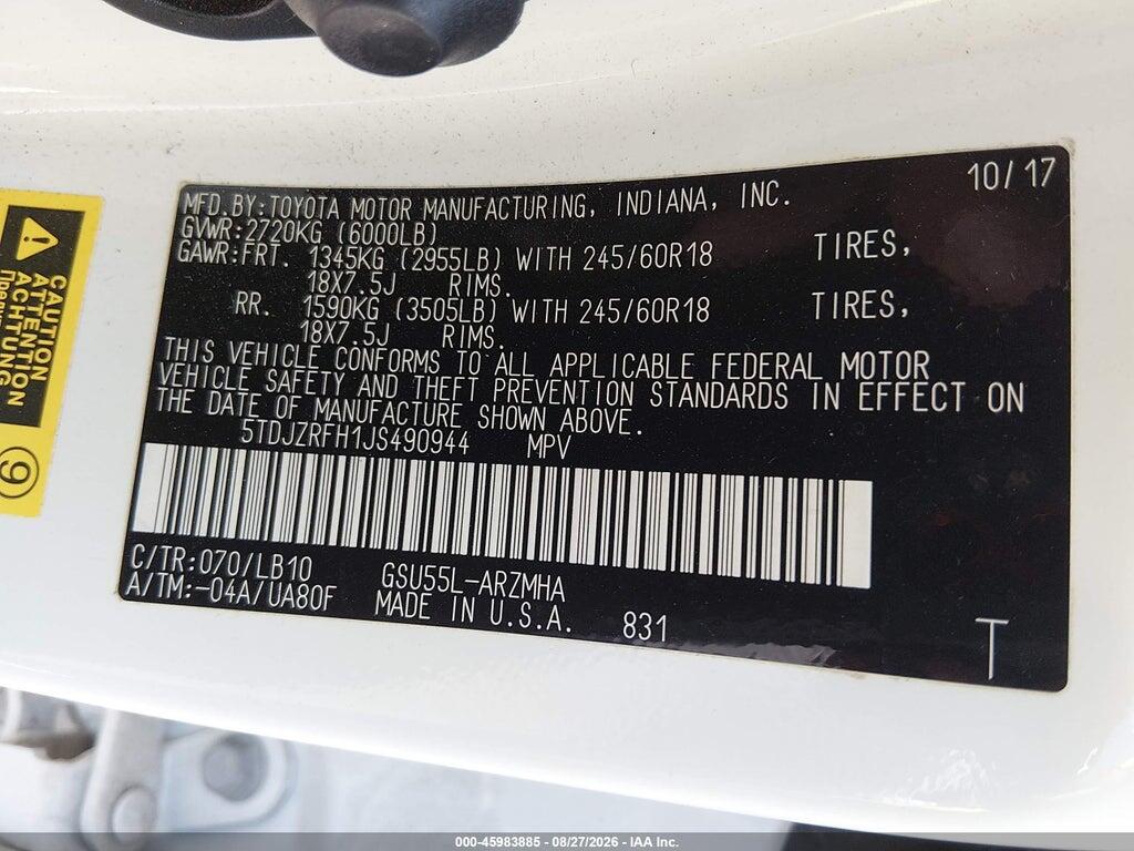 5TDJZRFH1JS490944 2018 TOYOTA HIGHLANDER photo no. 9