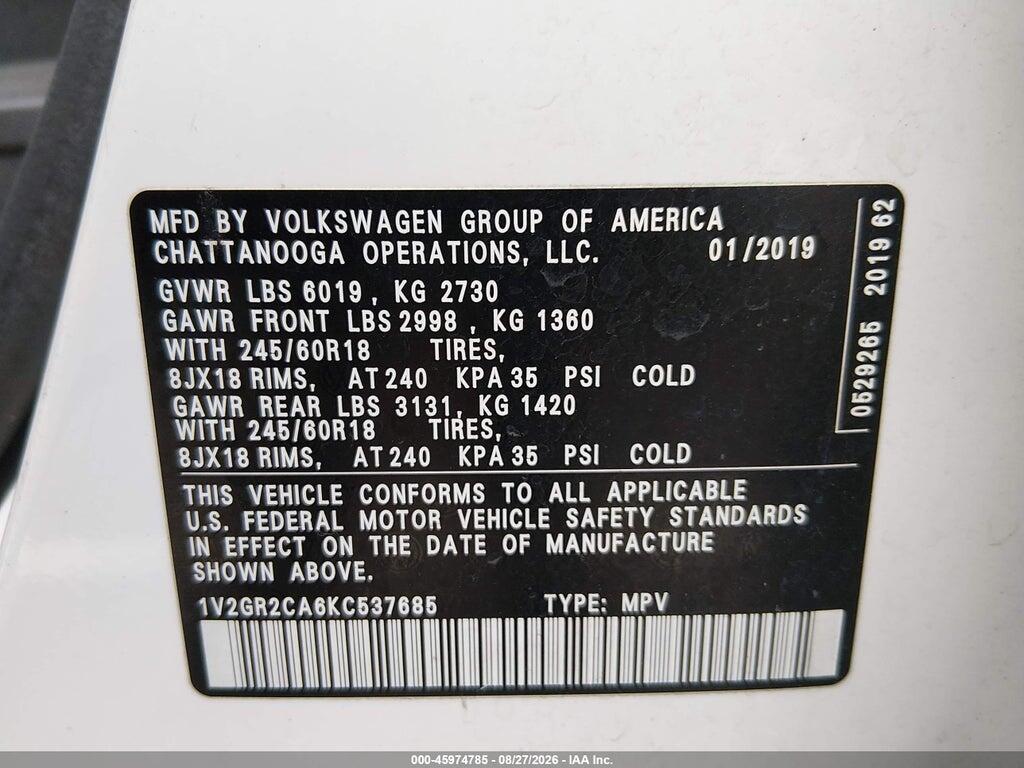 1V2GR2CA6KC537685 2019 VOLKSWAGEN ATLAS photo no. 9