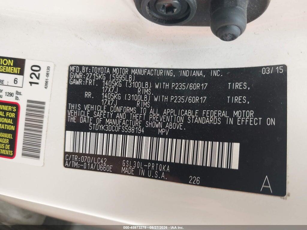 5TDYK3DC0FS598194 2015 TOYOTA SIENNA photo no. 9