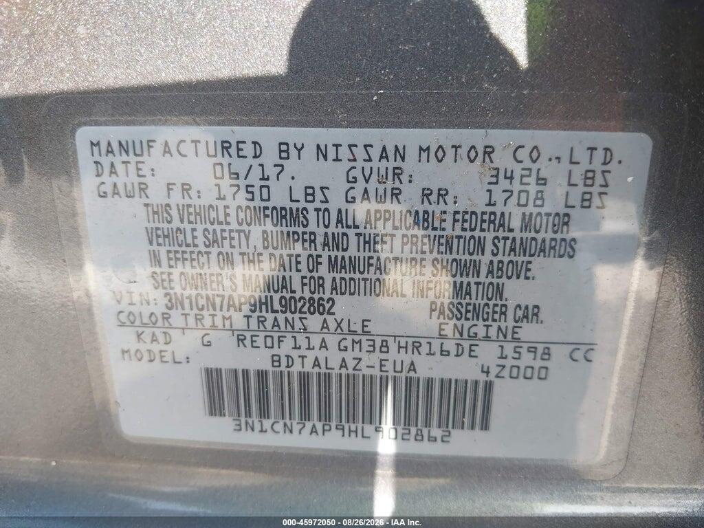 3N1CN7AP9HL902862 2017 NISSAN VERSA photo no. 9