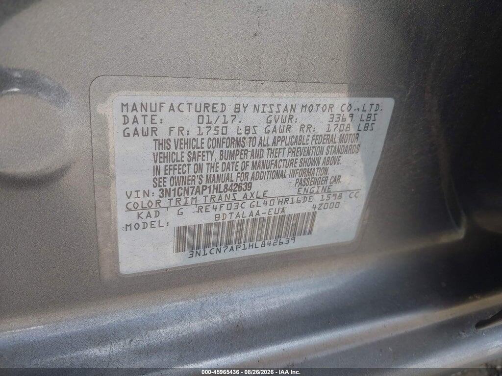 3N1CN7AP1HL842639 2017 NISSAN VERSA photo no. 9