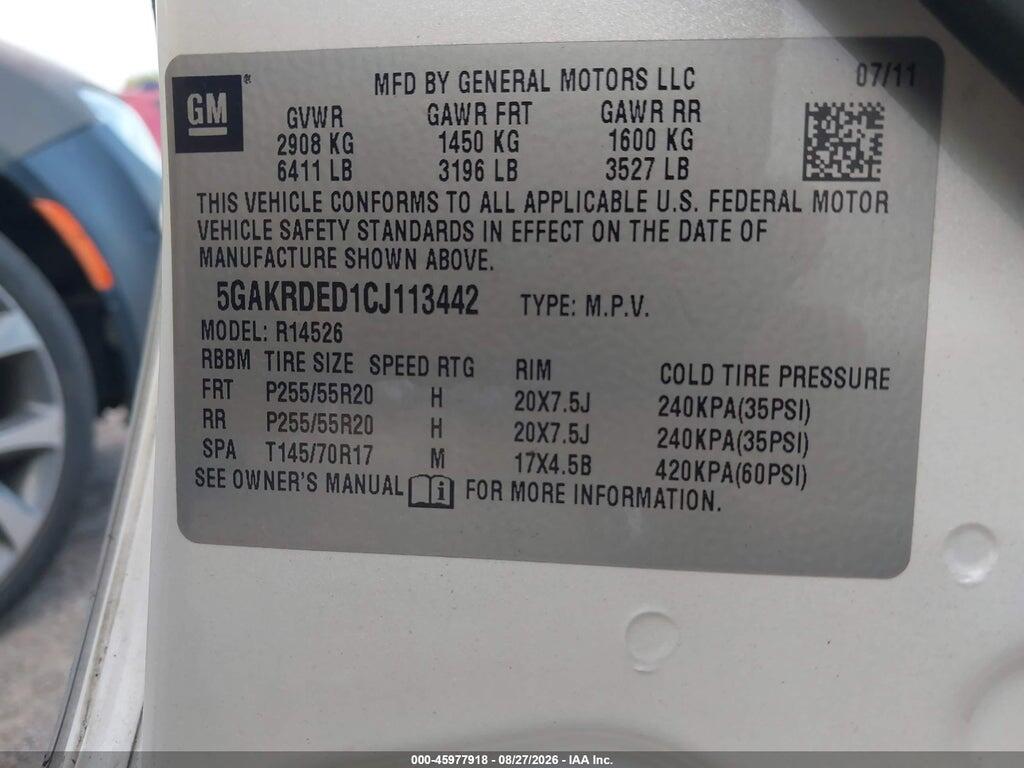 5GAKRDED1CJ113442 2012 BUICK ENCLAVE photo no. 9