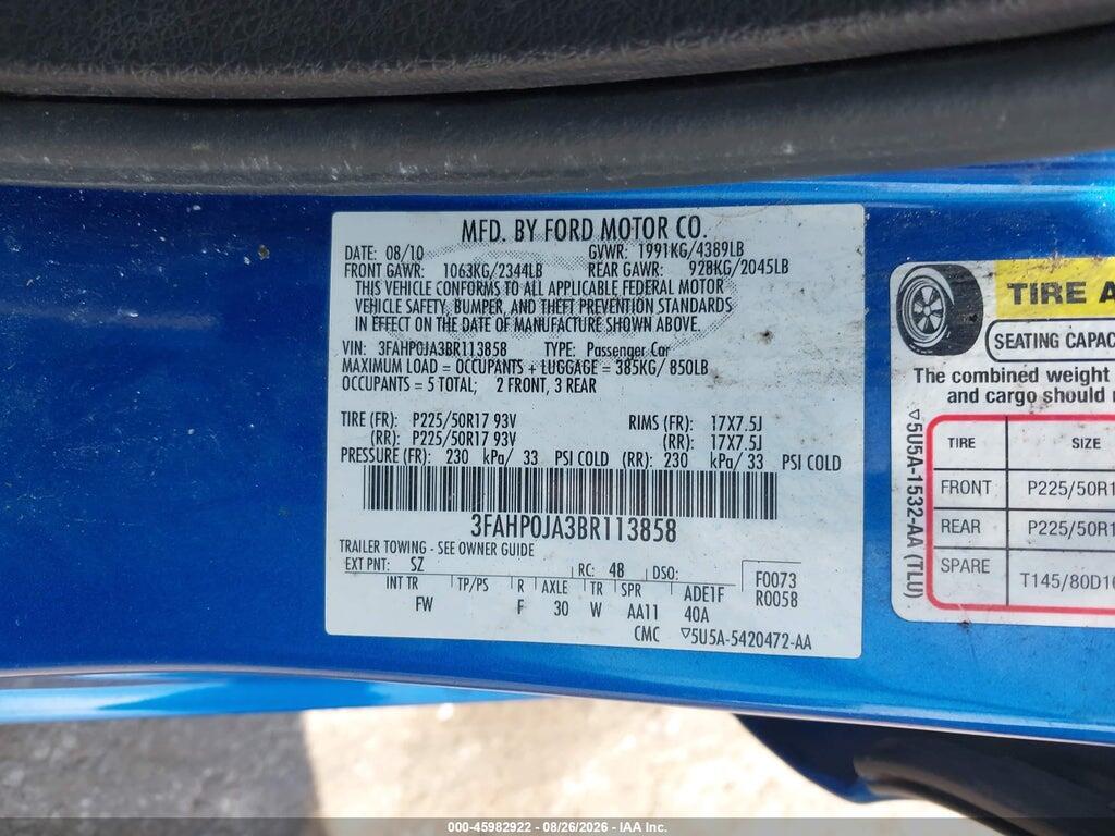 3FAHP0JA3BR113858 2011 FORD FUSION photo no. 9