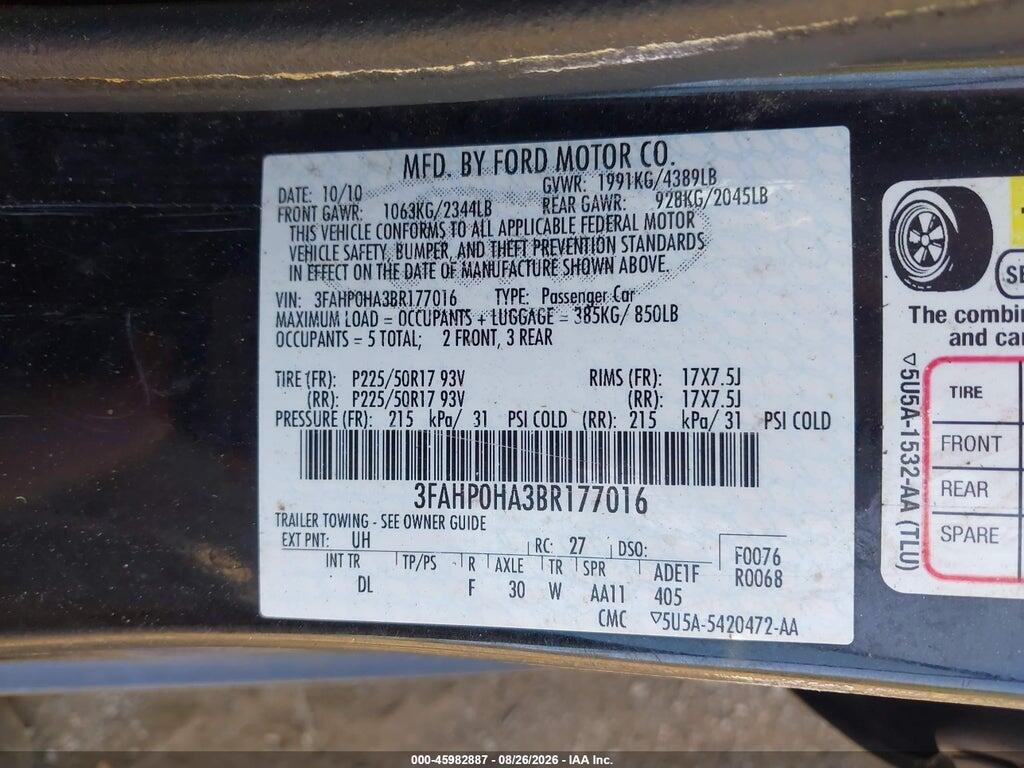 3FAHP0HA3BR177016 2011 FORD FUSION photo no. 9