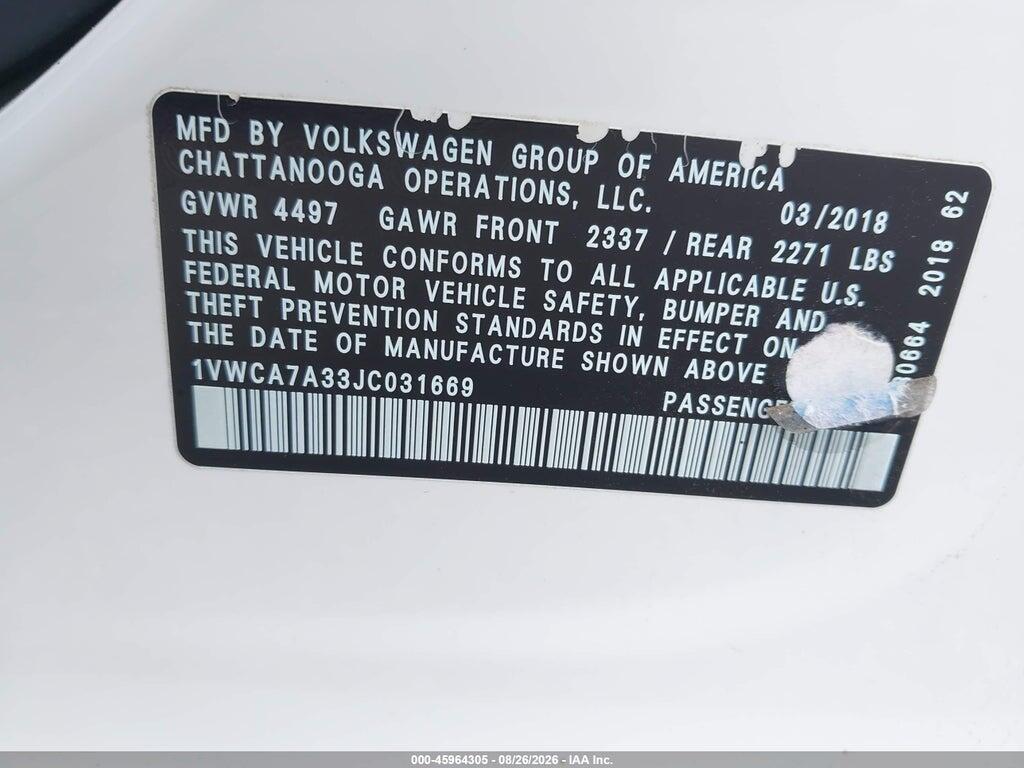 1VWCA7A33JC031669 2018 VOLKSWAGEN PASSAT photo no. 9