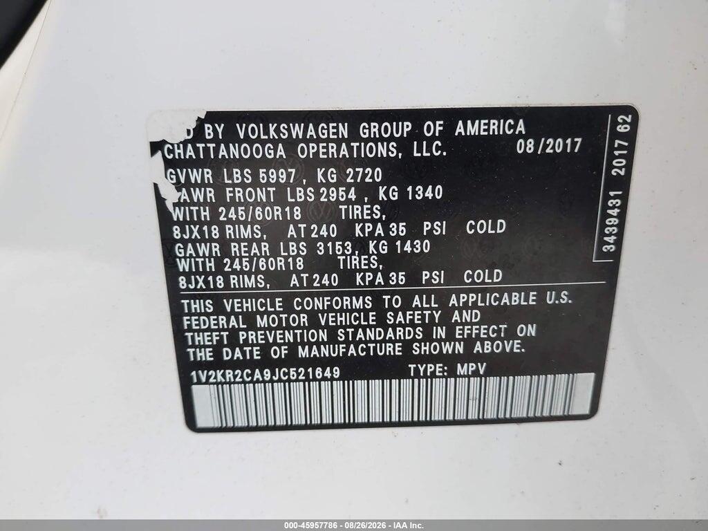 1V2KR2CA9JC521649 2018 VOLKSWAGEN ATLAS photo no. 9