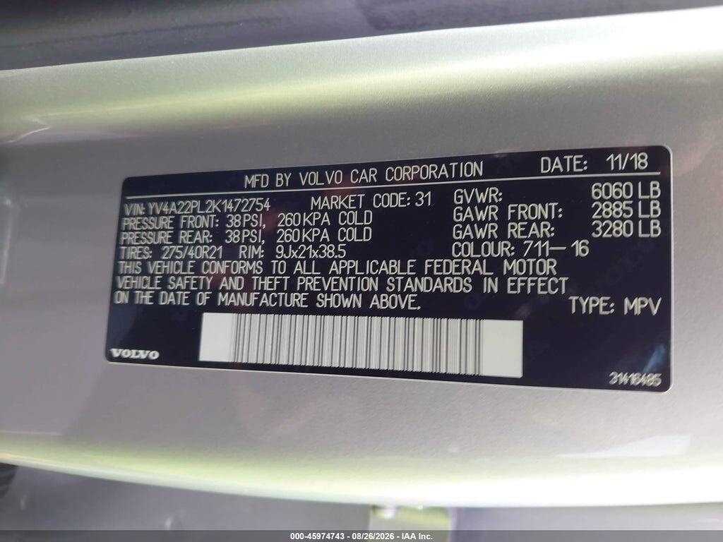 YV4A22PL2K1472754 2019 VOLVO XC90 photo no. 9