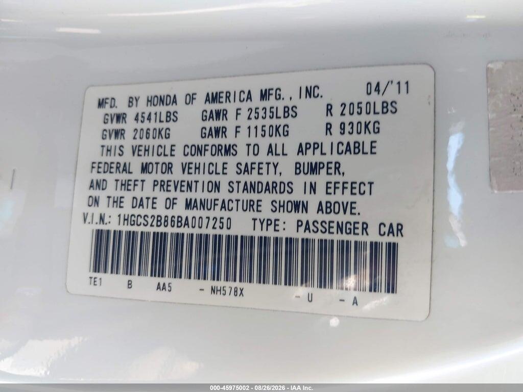 1HGCS2B86BA007250 2011 HONDA ACCORD photo no. 9