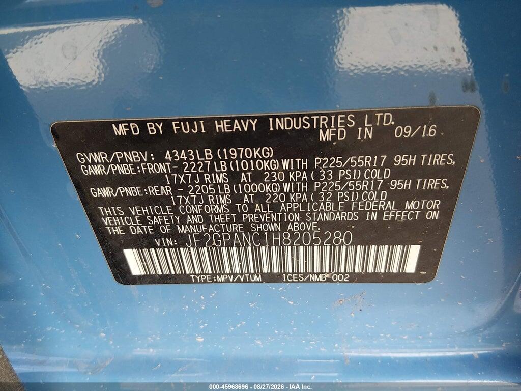 JF2GPANC1H8205280 2017 SUBARU CROSSTREK photo no. 9