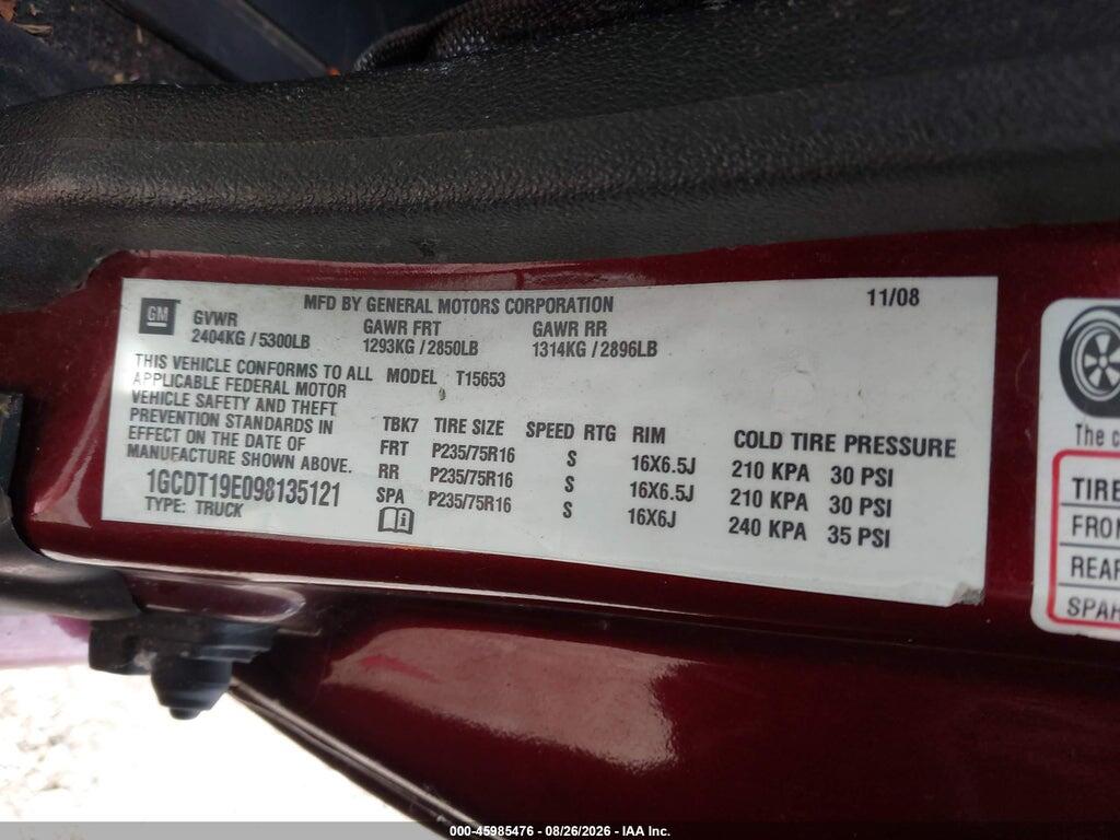 1GCDT19E098135121 2009 CHEVROLET COLORADO photo no. 9