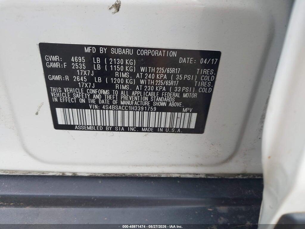 4S4BSACC1H3391759 2017 SUBARU OUTBACK photo no. 9