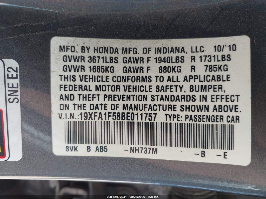 19XFA1F58BE011757 2011 HONDA CIVIC photo no. 9