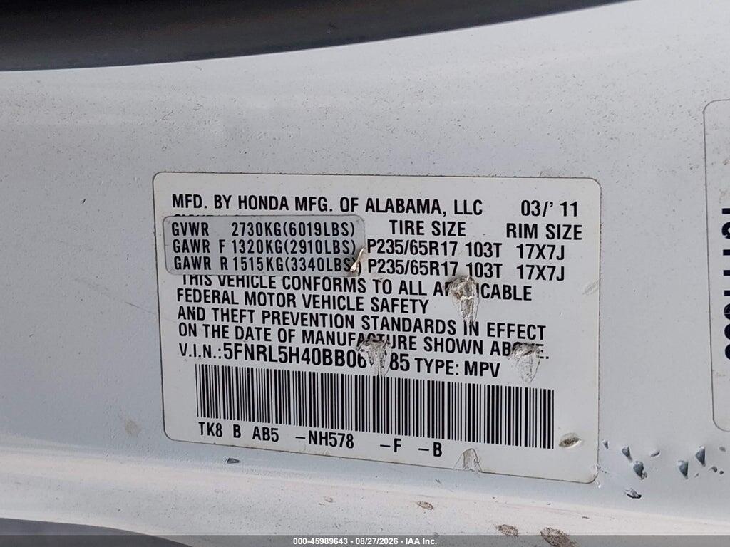 5FNRL5H40BB067785 2011 HONDA ODYSSEY photo no. 9