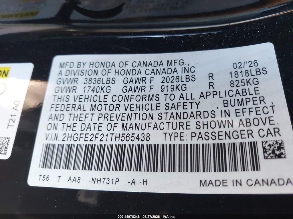 2HGFE2F21TH565438 2026 HONDA CIVIC photo no. 9