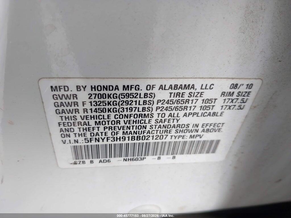 5FNYF3H91BB021207 2011 HONDA PILOT photo no. 9