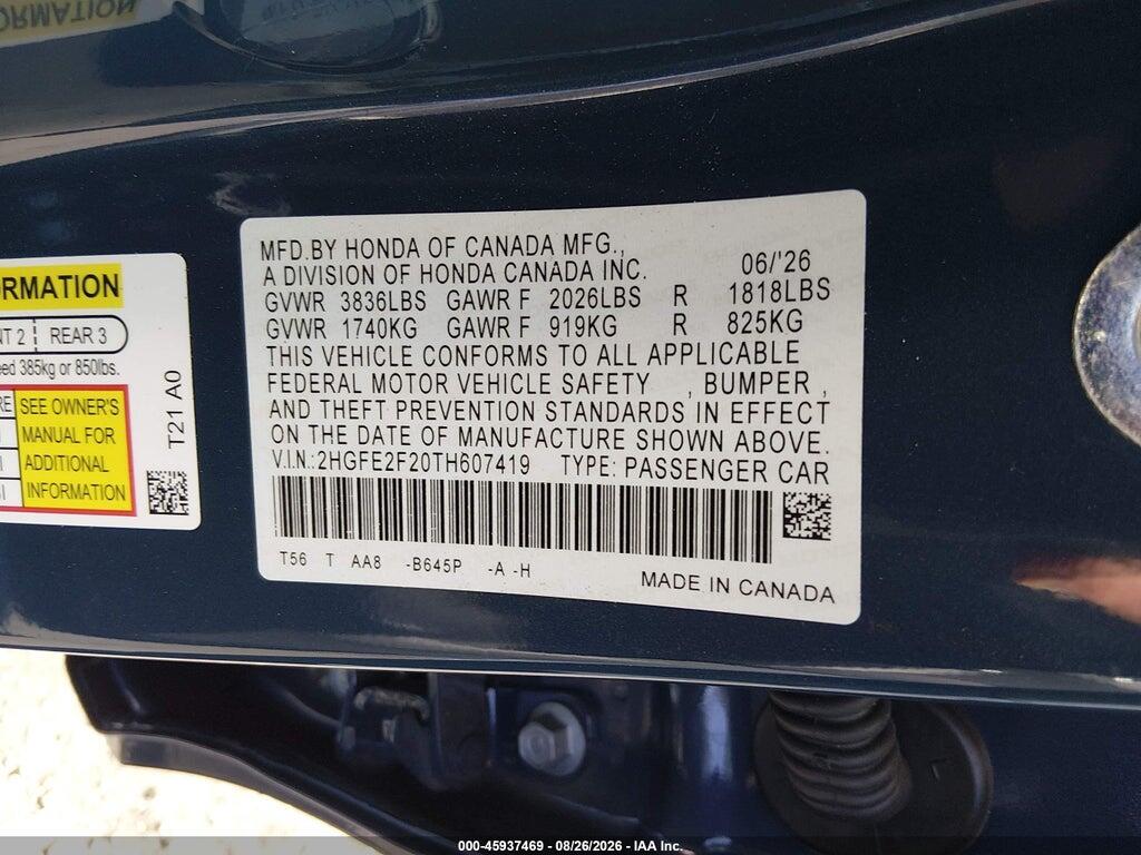 2HGFE2F20TH607419 2026 HONDA CIVIC photo no. 9