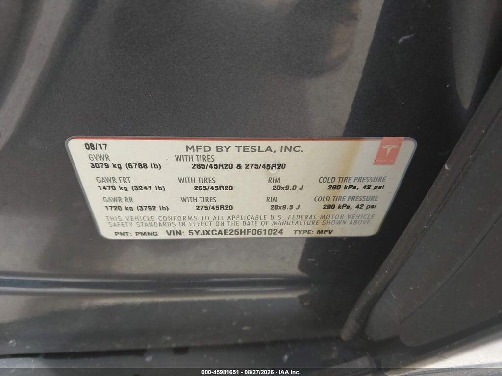 5YJXCAE25HF061024 2017 TESLA MODEL X photo no. 9