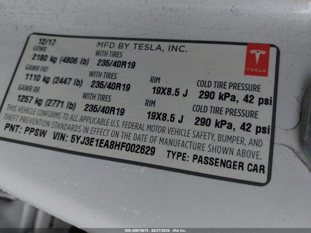 5YJ3E1EA8HF002629 2017 TESLA MODEL 3 photo no. 9