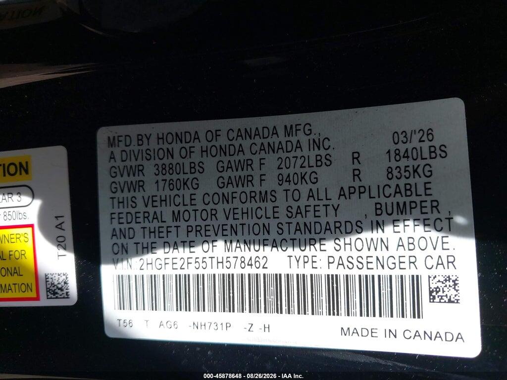 2HGFE2F55TH578462 2026 HONDA CIVIC photo no. 9