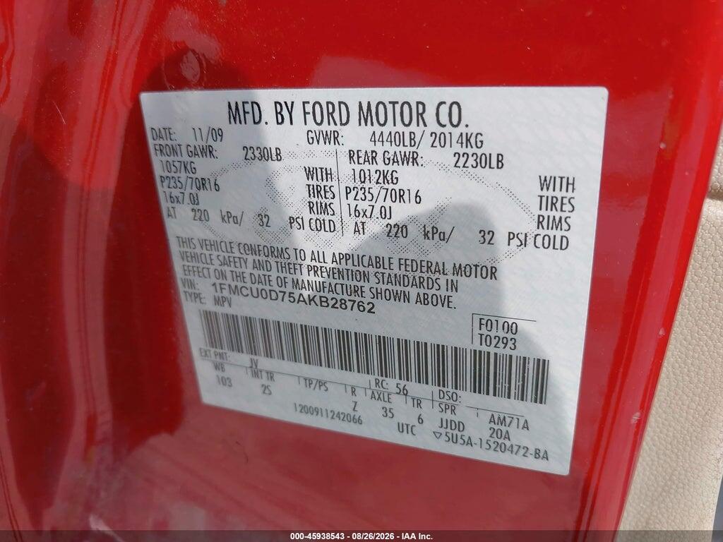 1FMCU0D75AKB28762 2010 FORD ESCAPE photo no. 9