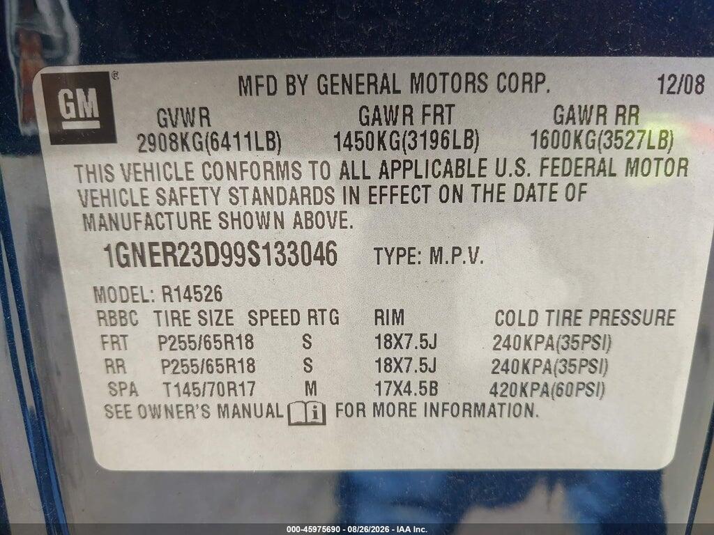 1GNER23D99S133046 2009 CHEVROLET TRAVERSE photo no. 9