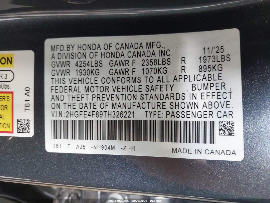 2HGFE4F89TH326221 2026 HONDA CIVIC HYBRID photo no. 9