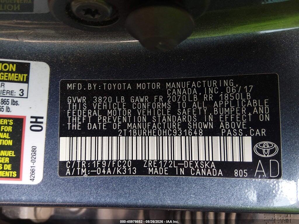 2T1BURHE0HC931648 2017 TOYOTA COROLLA photo no. 9