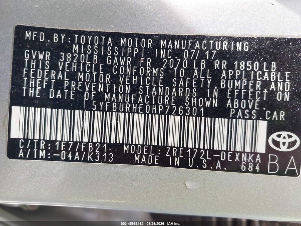 5YFBURHE0HP726301 2017 TOYOTA COROLLA photo no. 9
