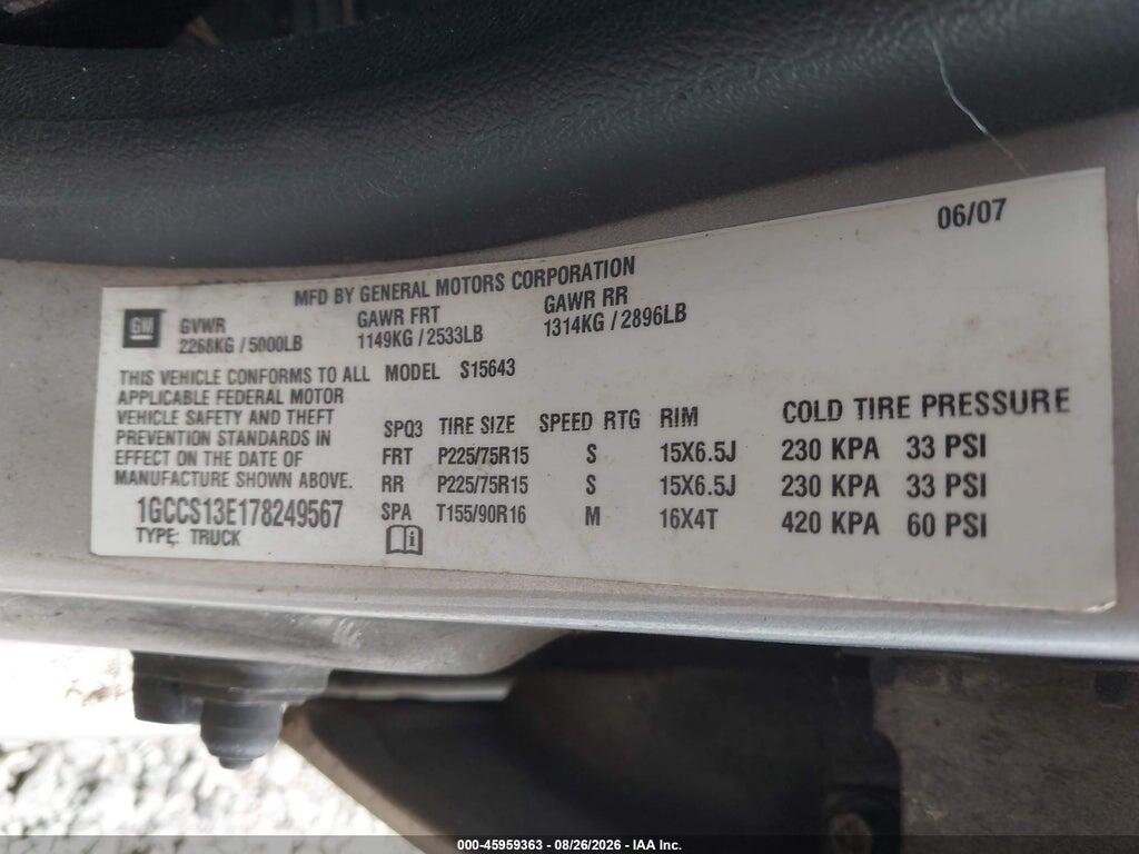 1GCCS13E178249567 2007 CHEVROLET COLORADO photo no. 9