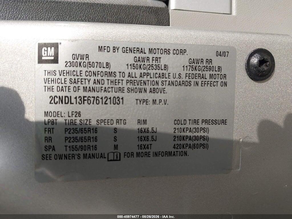 2CNDL13F676121031 2007 CHEVROLET EQUINOX photo no. 9