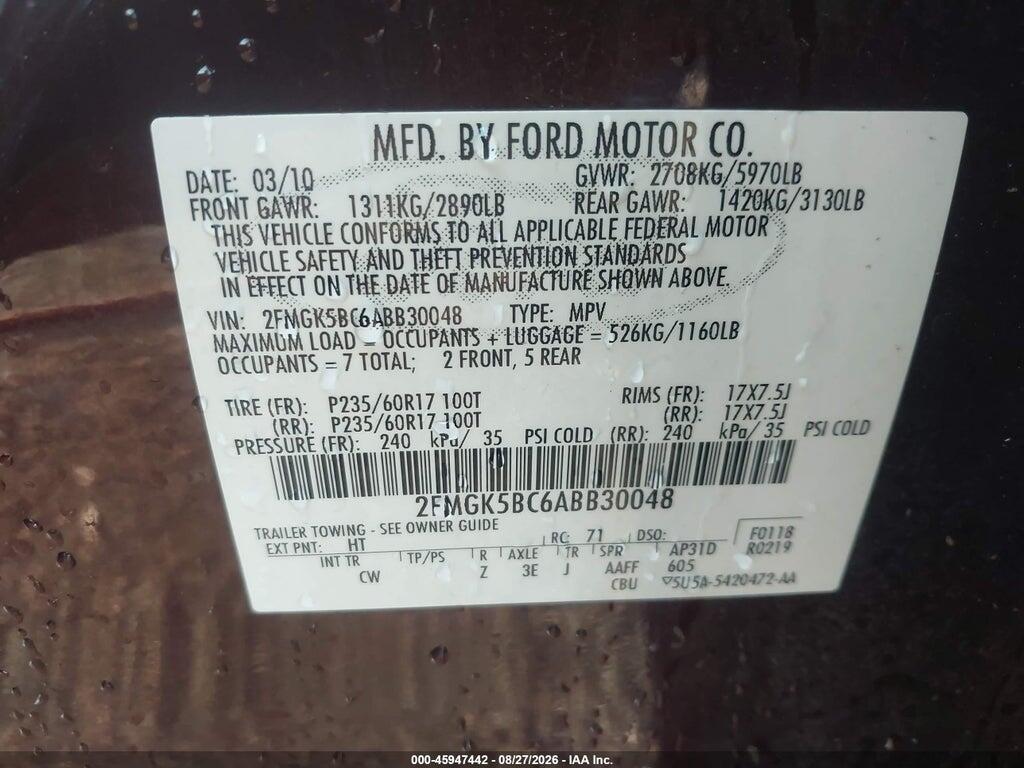 2FMGK5BC6ABB30048 2010 FORD FLEX photo no. 9