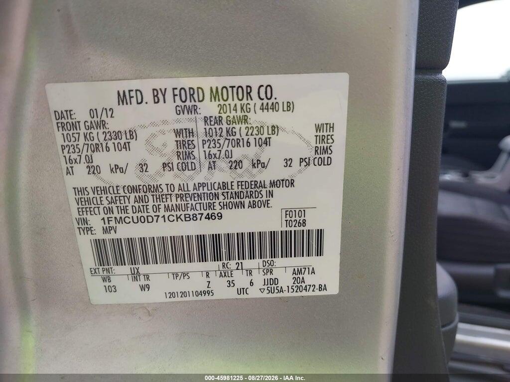 1FMCU0D71CKB87469 2012 FORD ESCAPE photo no. 9
