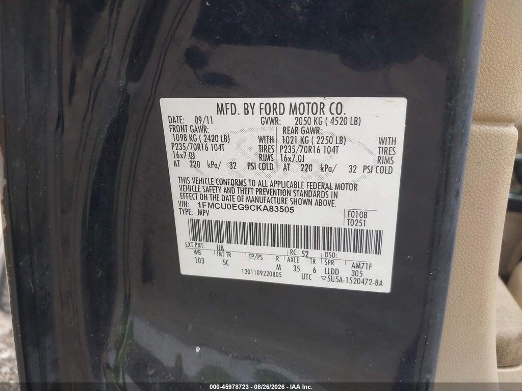 1FMTU0ET9CKA83505 2012 FORD ESCAPE photo no. 9