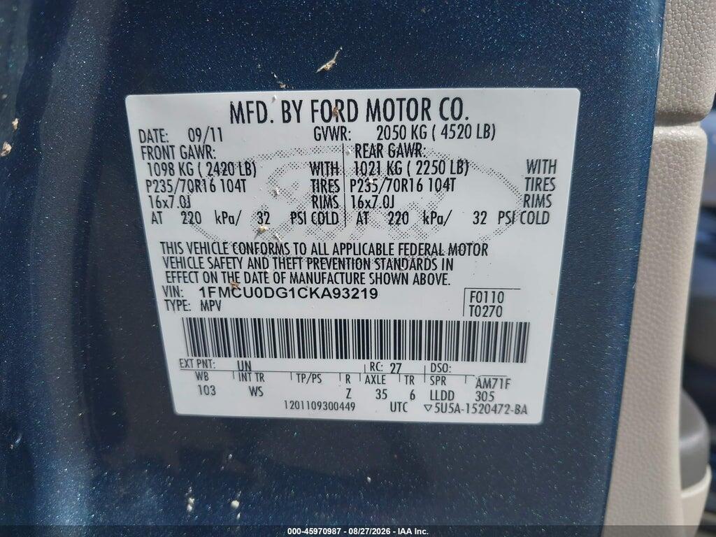 1FMCU0DG1CKA93219 2012 FORD ESCAPE photo no. 9
