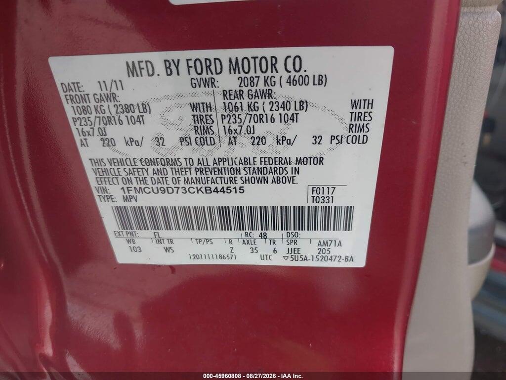 1FMCU9D73CKB44515 2012 FORD ESCAPE photo no. 9
