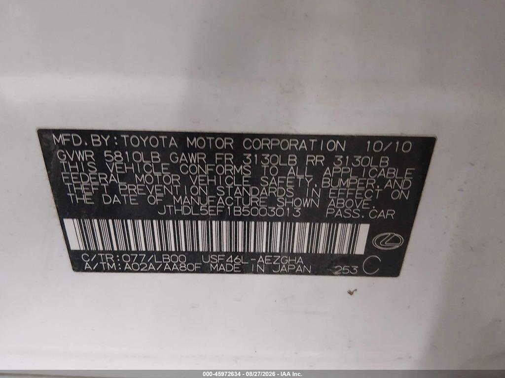 JTHDL5EF1B5003013 2011 LEXUS LS 460 photo no. 9