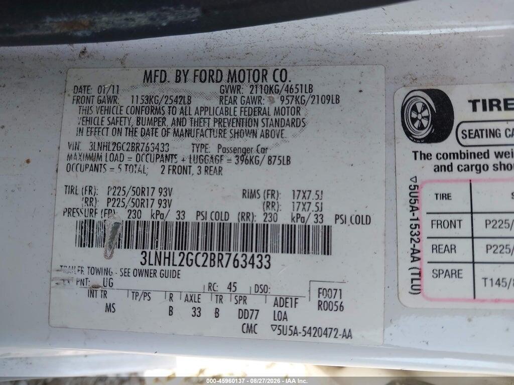 3LNHL2GC2BR763433 2011 LINCOLN MKZ photo no. 9