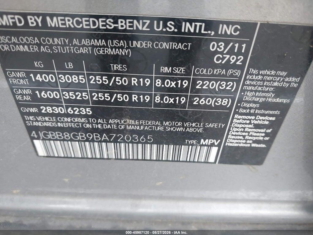4JGBB8GB9BA720365 2011 MERCEDES-BENZ ML 350 photo no. 9