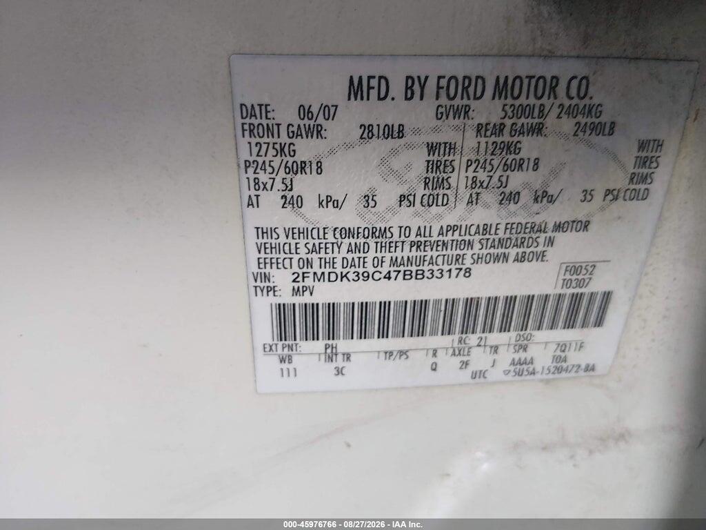 2FMDK39C47BB33178 2007 FORD EDGE photo no. 9
