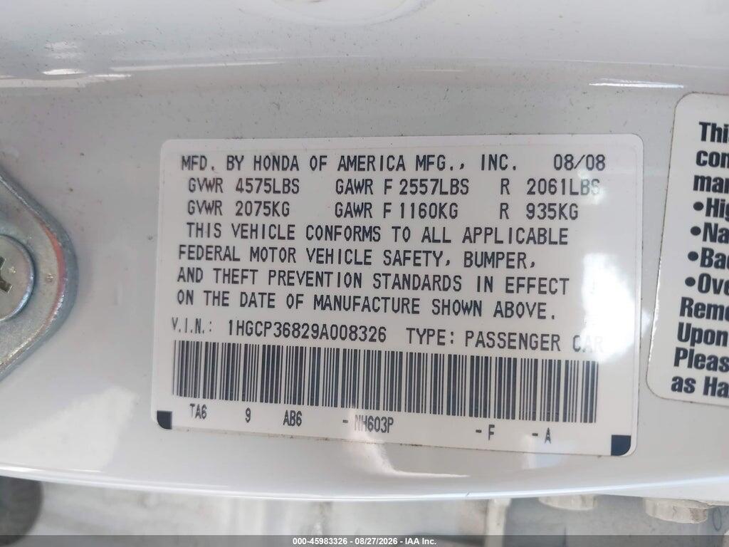1HGCP36829A008326 2009 HONDA ACCORD photo no. 9