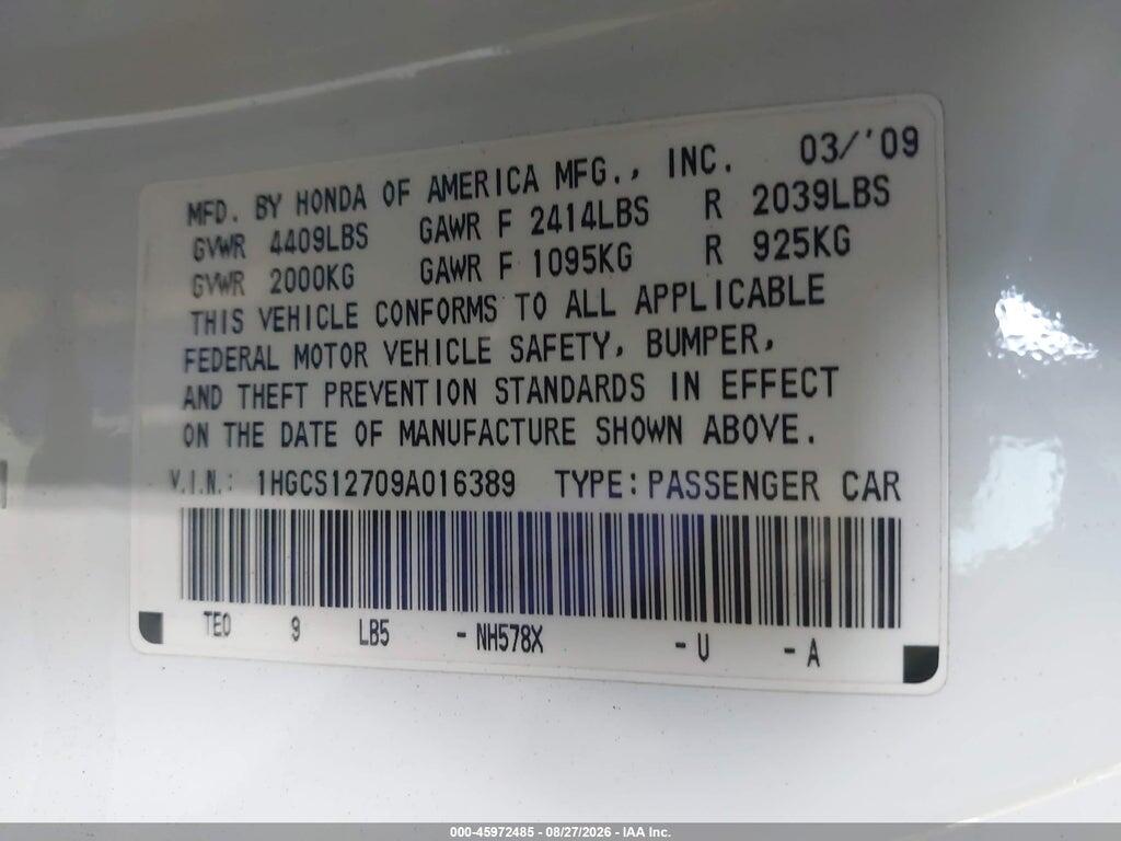 1HGCS12709A016389 2009 HONDA ACCORD photo no. 9
