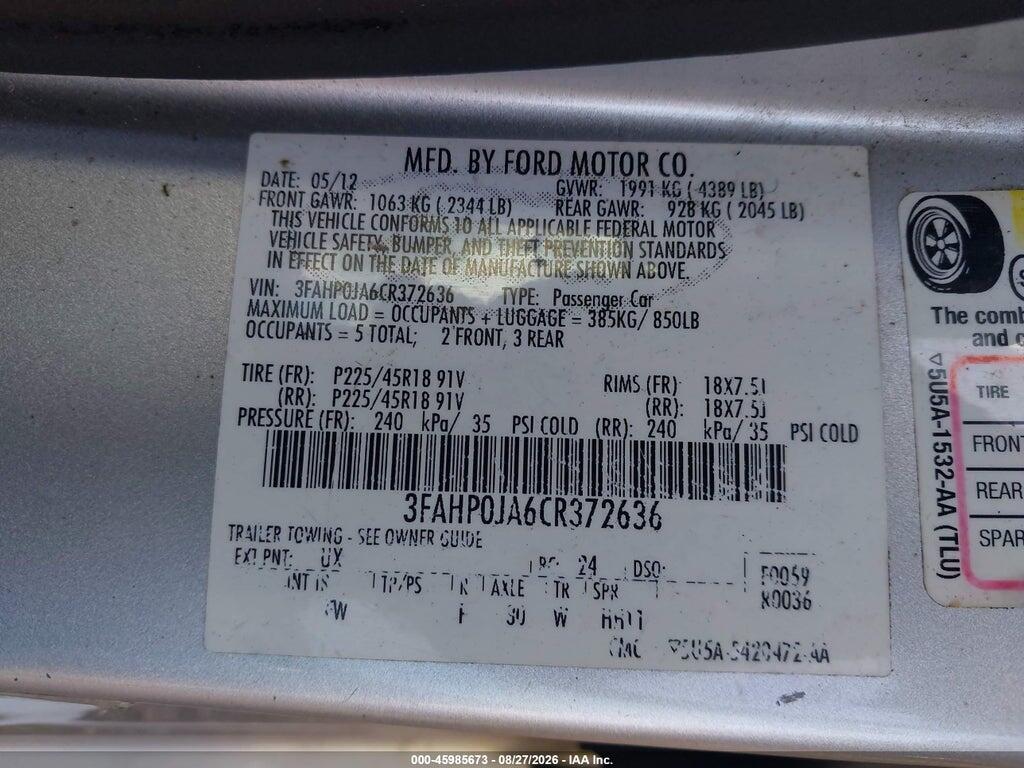 3FAHP0JA6CR372636 2012 FORD FUSION photo no. 9