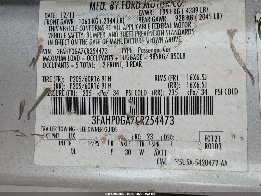 3FAHP0GA7CR254473 2012 FORD FUSION photo no. 9