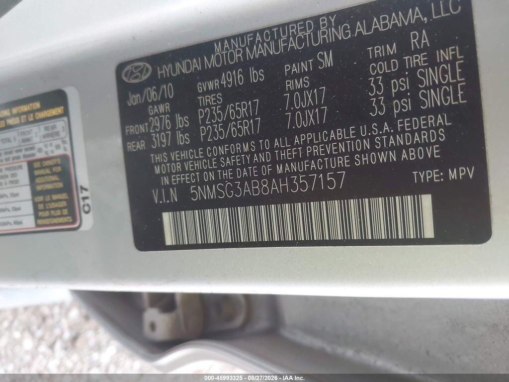 5NMSG3AB8AH357157 2010 HYUNDAI SANTA FE photo no. 9