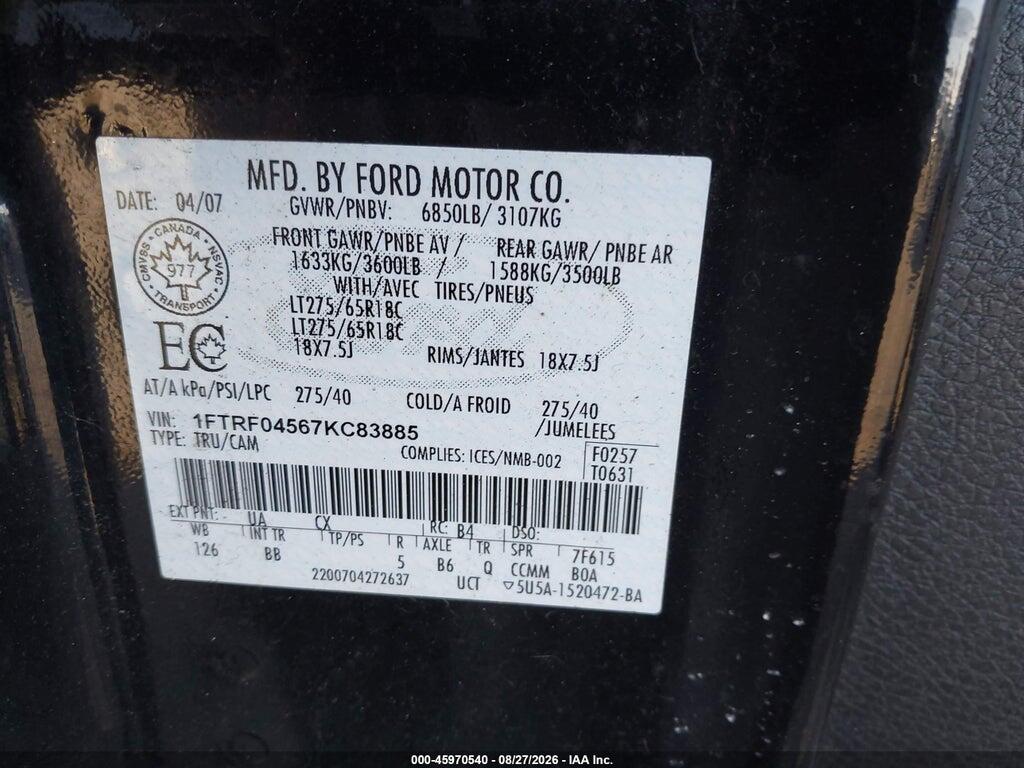 1FTRF04567KC83885 2007 FORD F-150 photo no. 9