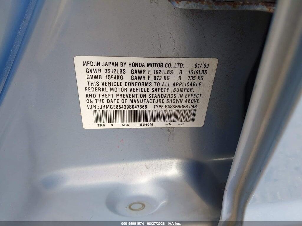 JHMGE88439S047366 2009 HONDA FIT photo no. 9