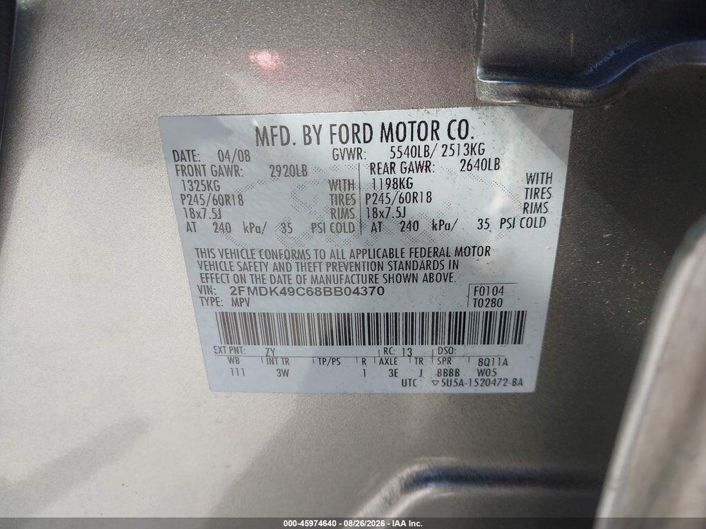 2FMDK49C68BB04370 2008 FORD EDGE photo no. 9