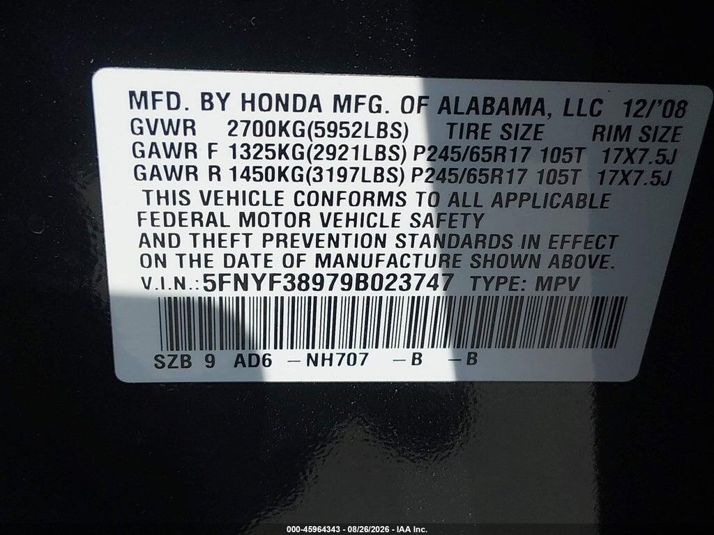 5FNYF38979B023747 2009 HONDA PILOT photo no. 9