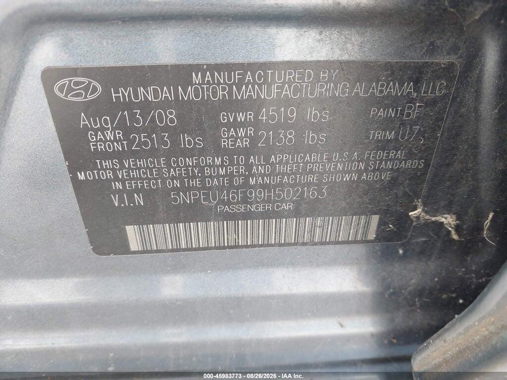 5NPEU46F99H502163 2009 HYUNDAI SONATA photo no. 9