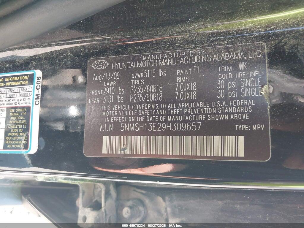 5NMSH13E29H309657 2009 HYUNDAI SANTA FE photo no. 9